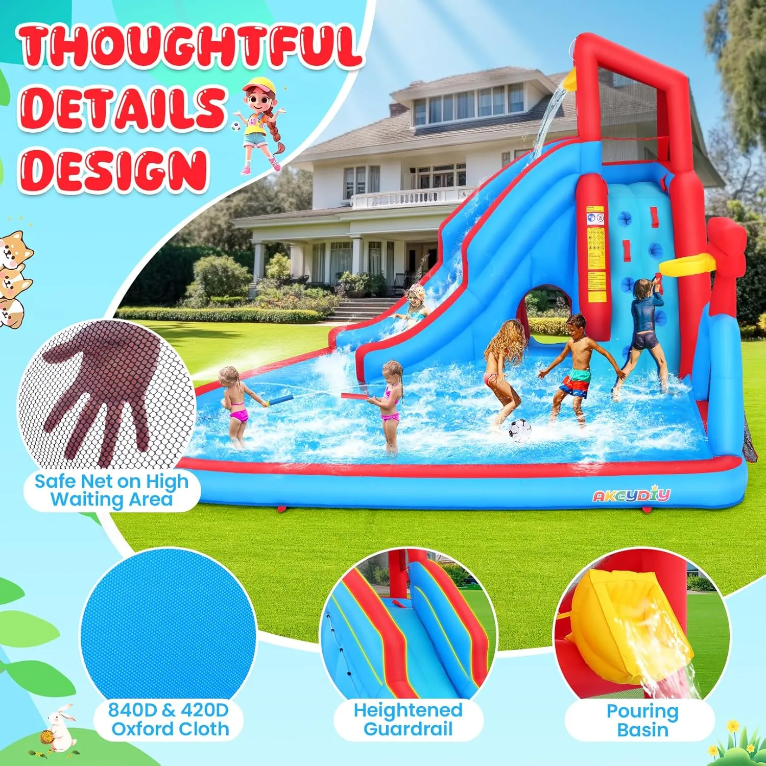 ROOJER Inflatable Water Slide for Kids Backyard 9-in-1 Blow Up Water Park with 470W Blower, Dump Bucket, Adventure Play Tunnel, Splash Pool, Climbing Wall, Cannon, Goal Shooting Zone, Basketball Hoop