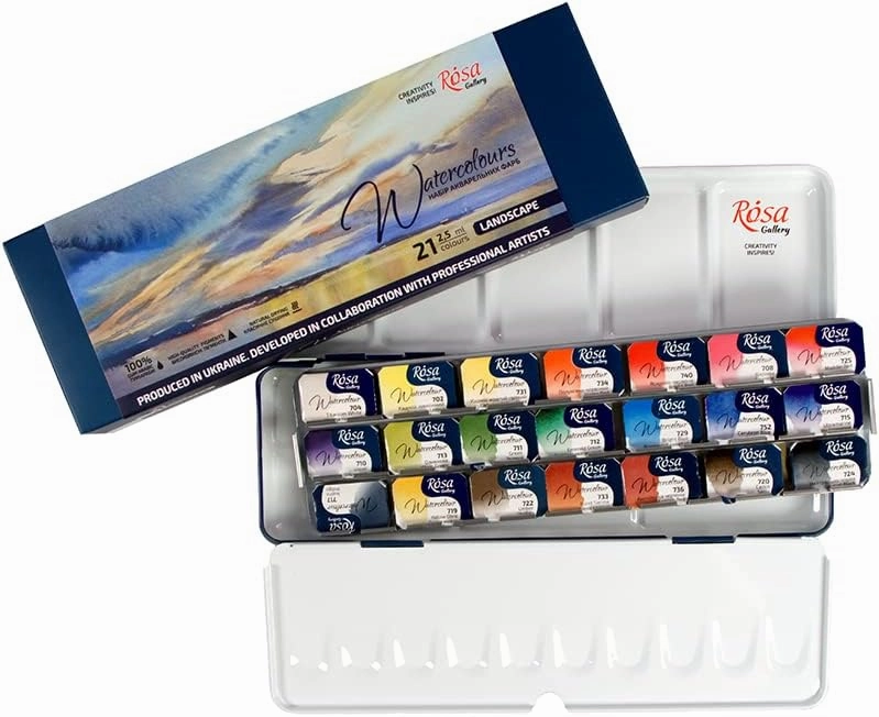 Rosa Gallery Landscape Professional Watercolor Paint Set, 21 Water Colors of 2.5 ml, High Lightfastness Paints Kit for Artists, Adult, Lightweight and Portable Metal Case
