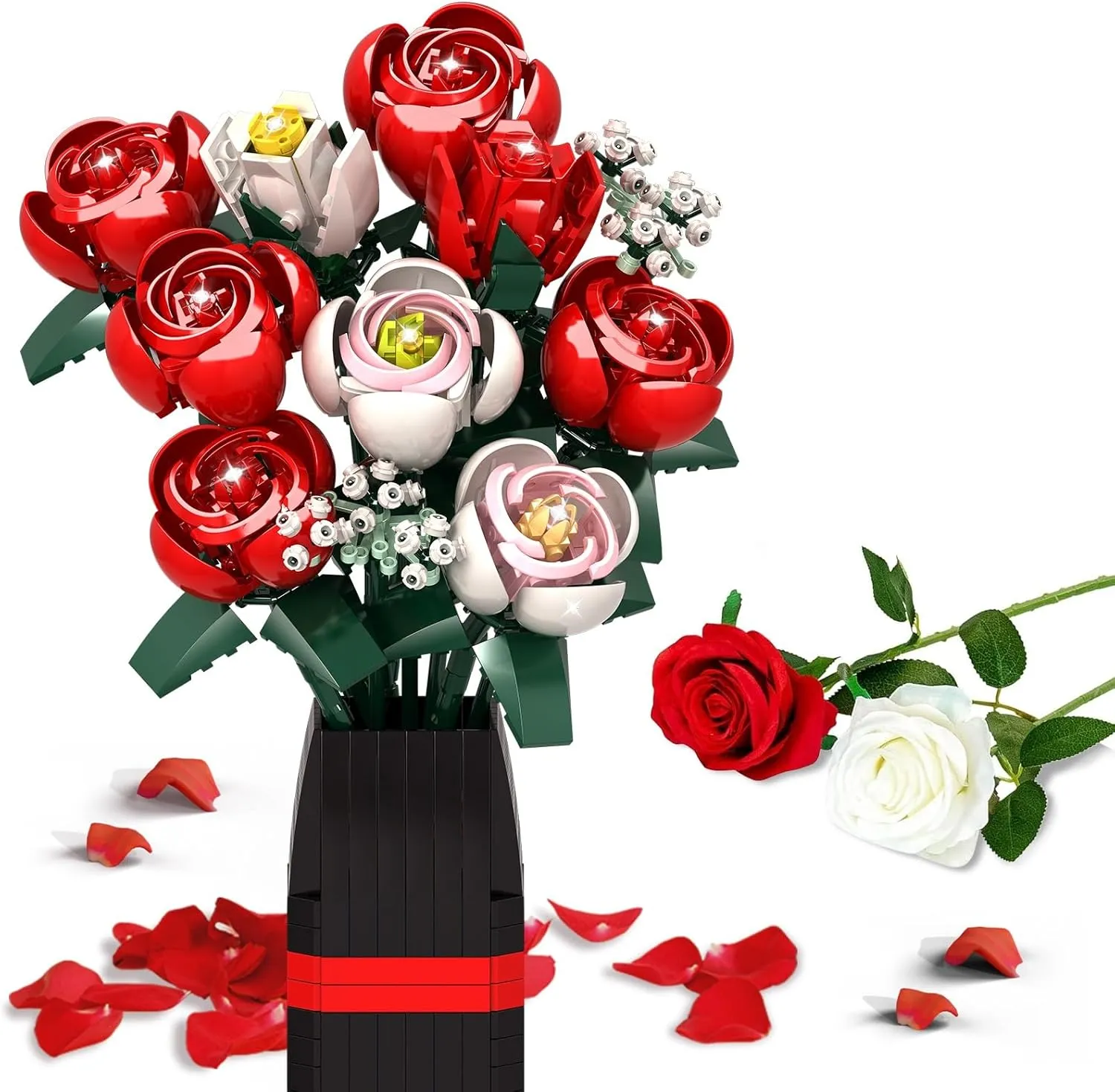 Roses Flower Bouquet Building Kit, 841PCS Red Roses Artificial Flowers with Vase, Botanical Collection Forever Rose Toy for Adults, Kids, Mother's Day DIY Gifts for Women, Her, Him Anniversaries