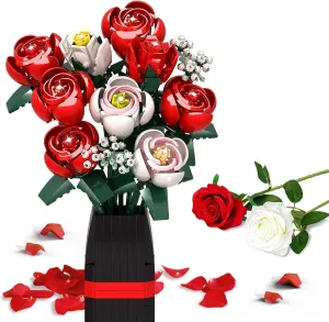 Roses Flower Bouquet Building Kit, 841PCS Red Roses Artificial Flowers with Vase, Botanical Collection Forever Rose Toy for Adults, Kids, Mother's Day DIY Gifts for Women, Her, Him Anniversaries