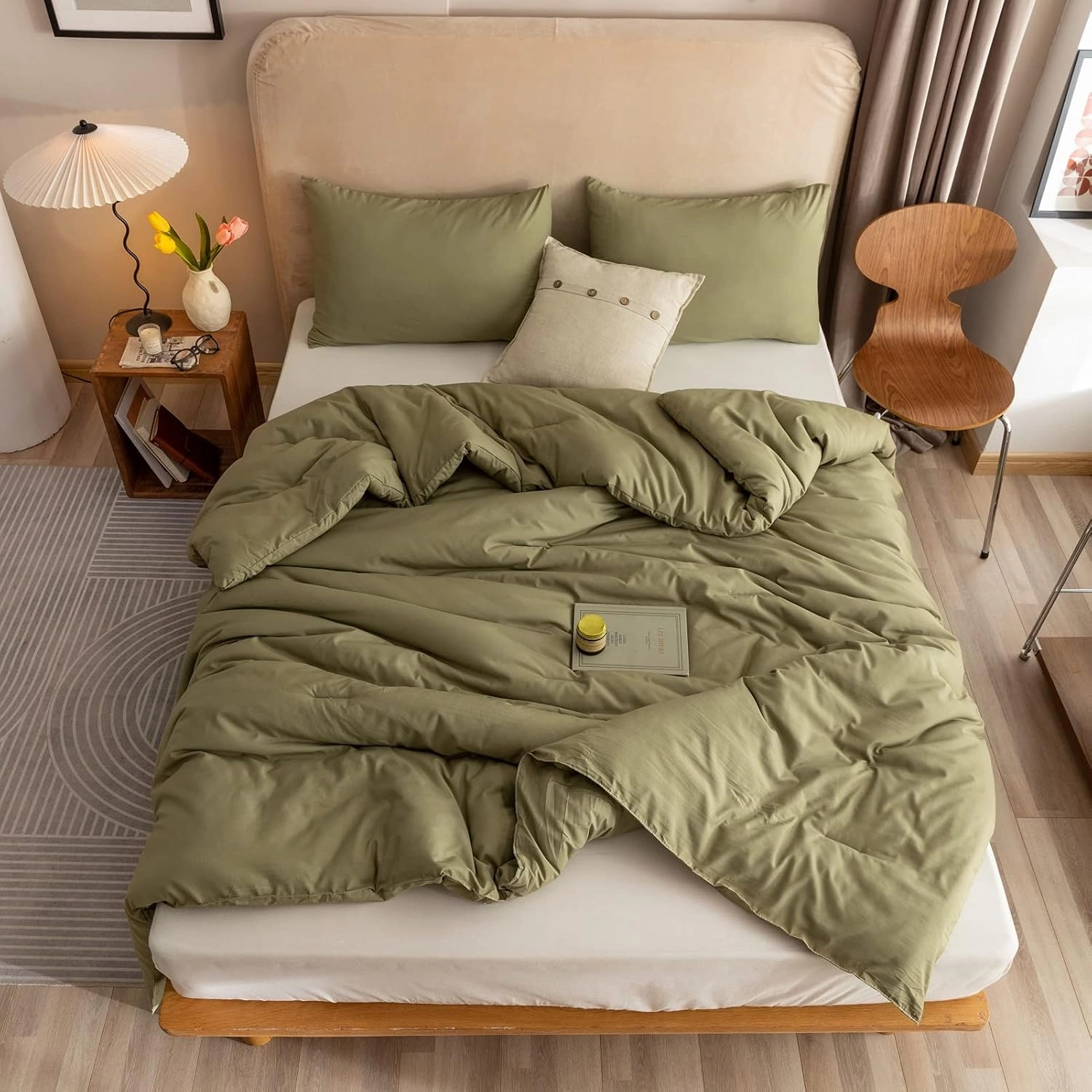 ROSGONIA King Size Comforter Set Olive Green, 3pcs (1 Boho Comforter & 2 Pillowcases), Lightweight Bedding Blanket All Season Bedspreads Quilt