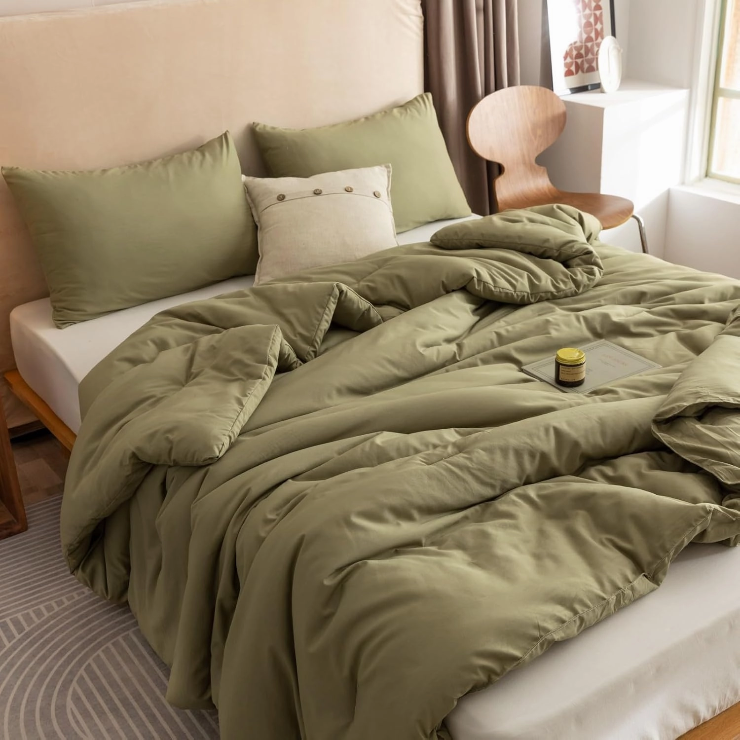 ROSGONIA King Size Comforter Set Olive Green, 3pcs (1 Boho Comforter & 2 Pillowcases), Lightweight Bedding Blanket All Season Bedspreads Quilt