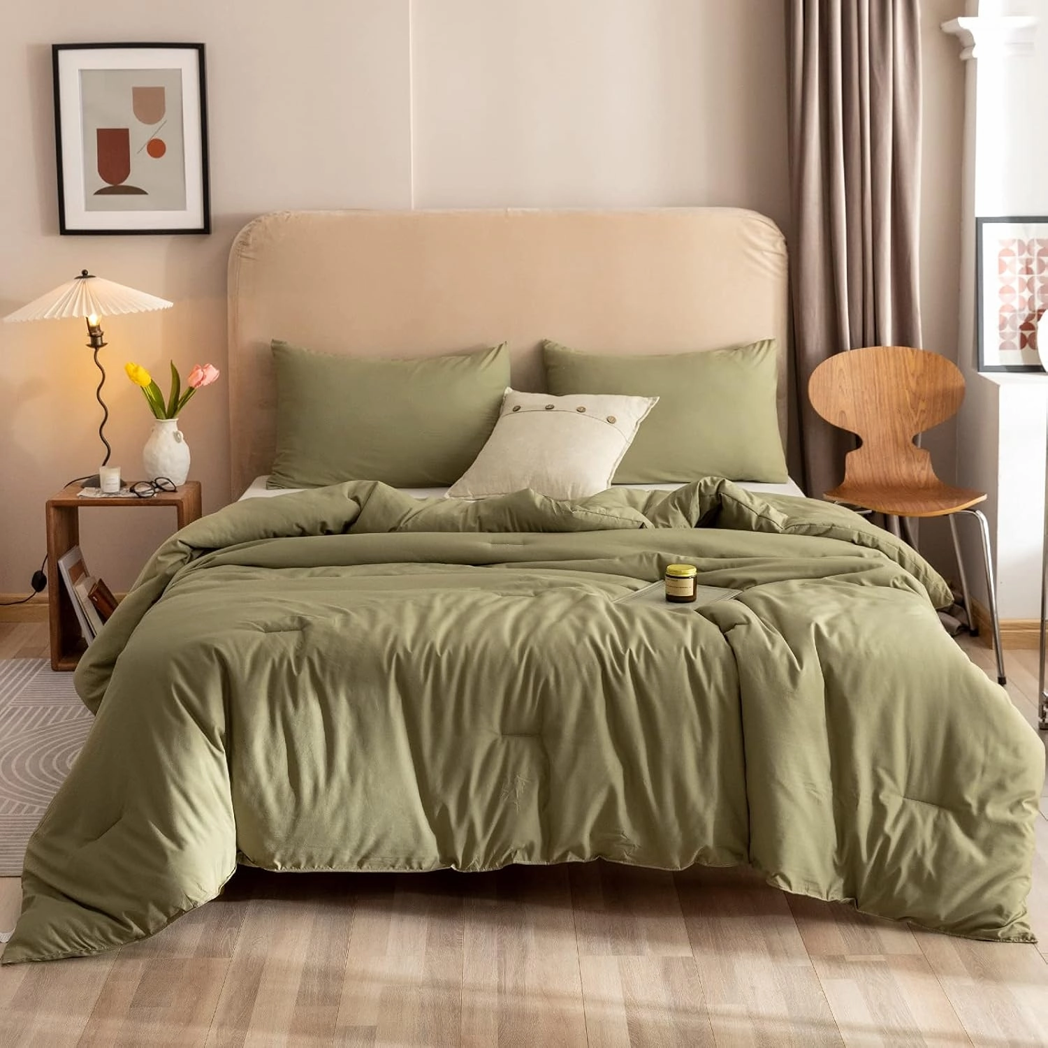 ROSGONIA King Size Comforter Set Olive Green, 3pcs (1 Boho Comforter & 2 Pillowcases), Lightweight Bedding Blanket All Season Bedspreads Quilt