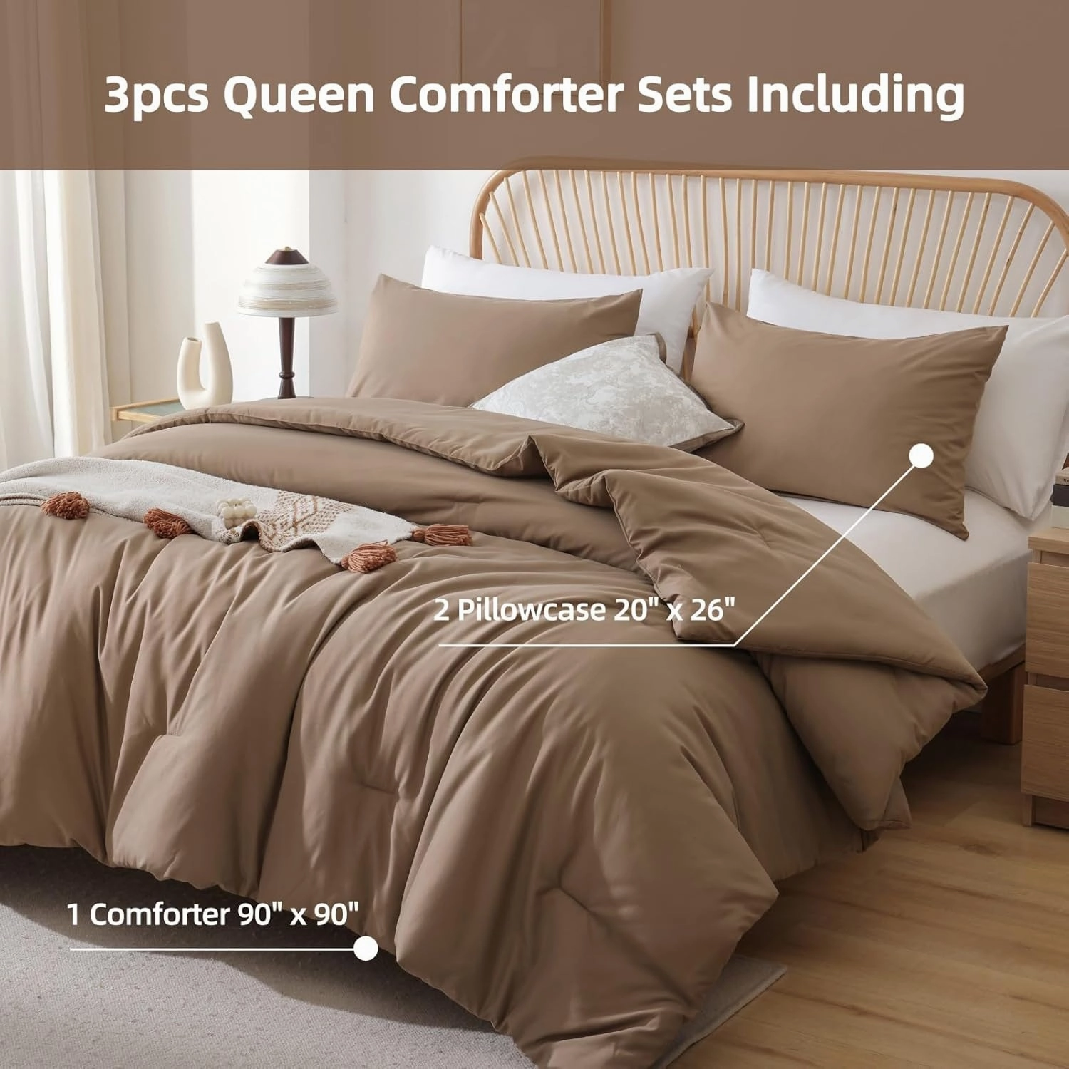 ROSGONIA Queen Comforter Set Dark Khaki Brown, 3pcs Bedding Comforter Sets(1 Comforter & 2 Pillowcases) All Season Lightweight Bedspread Blanket Quilt