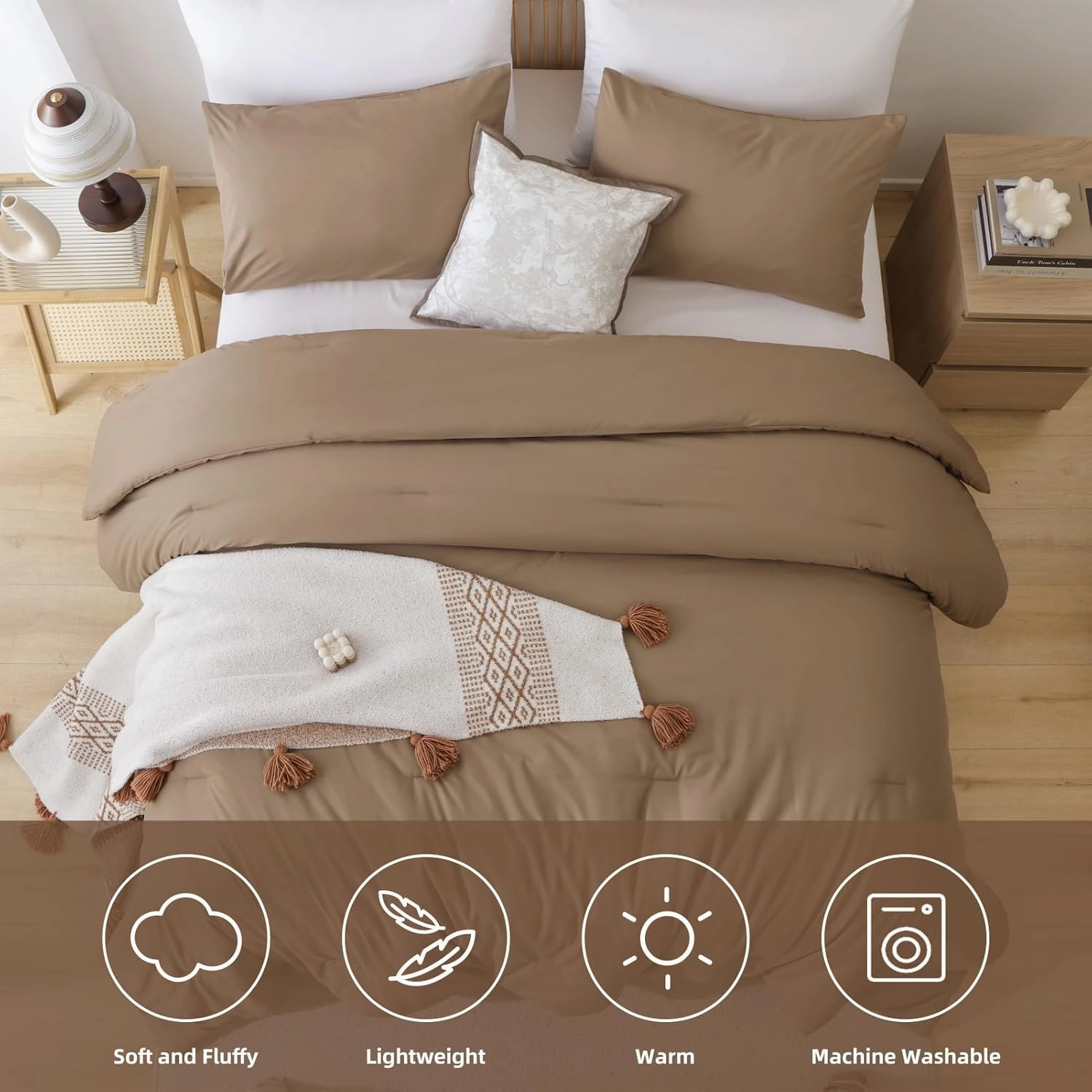 ROSGONIA Queen Comforter Set Dark Khaki Brown, 3pcs Bedding Comforter Sets(1 Comforter & 2 Pillowcases) All Season Lightweight Bedspread Blanket Quilt