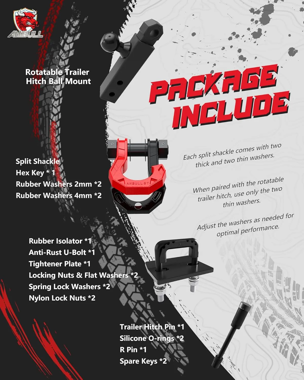 Rotatable Split Shackle Trailer Hitch Receiver & 2-Inch Ball Mount, 3/4" Jowl Split Shackle with 2" Towing Ball Mounts, 23T/50706Lbs Break Strength Heavy Duty Towing Recovery Hitch, BlackRed