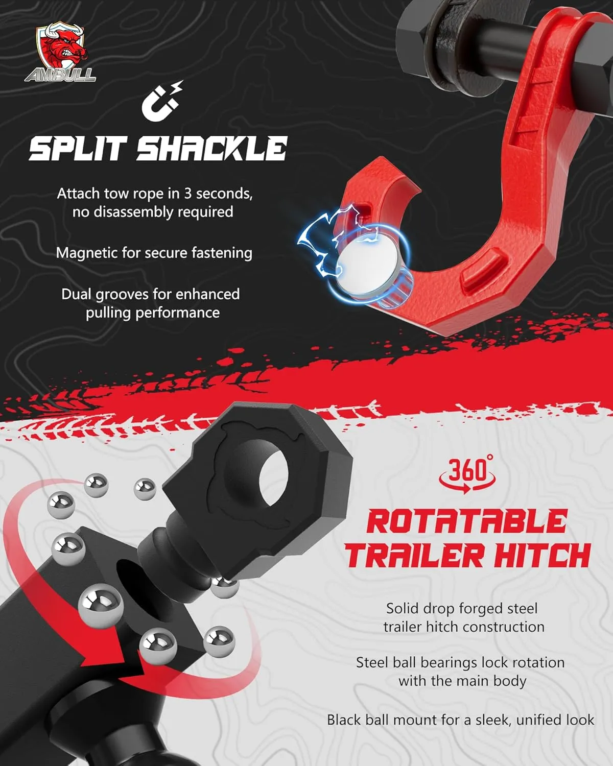 Rotatable Split Shackle Trailer Hitch Receiver & 2-Inch Ball Mount, 3/4" Jowl Split Shackle with 2" Towing Ball Mounts, 23T/50706Lbs Break Strength Heavy Duty Towing Recovery Hitch, BlackRed