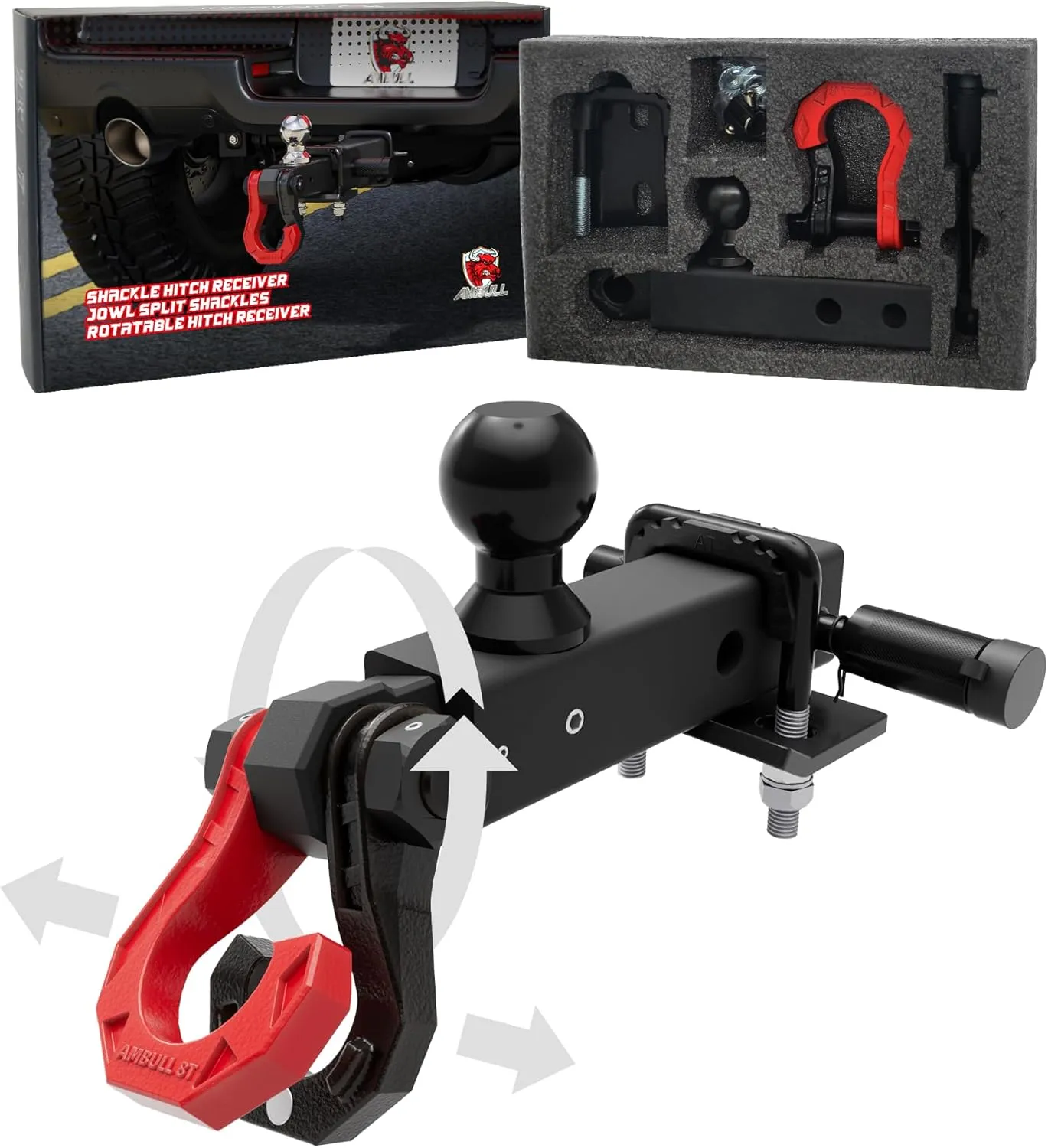 Rotatable Split Shackle Trailer Hitch Receiver & 2-Inch Ball Mount, 3/4" Jowl Split Shackle with 2" Towing Ball Mounts, 23T/50706Lbs Break Strength Heavy Duty Towing Recovery Hitch, BlackRed