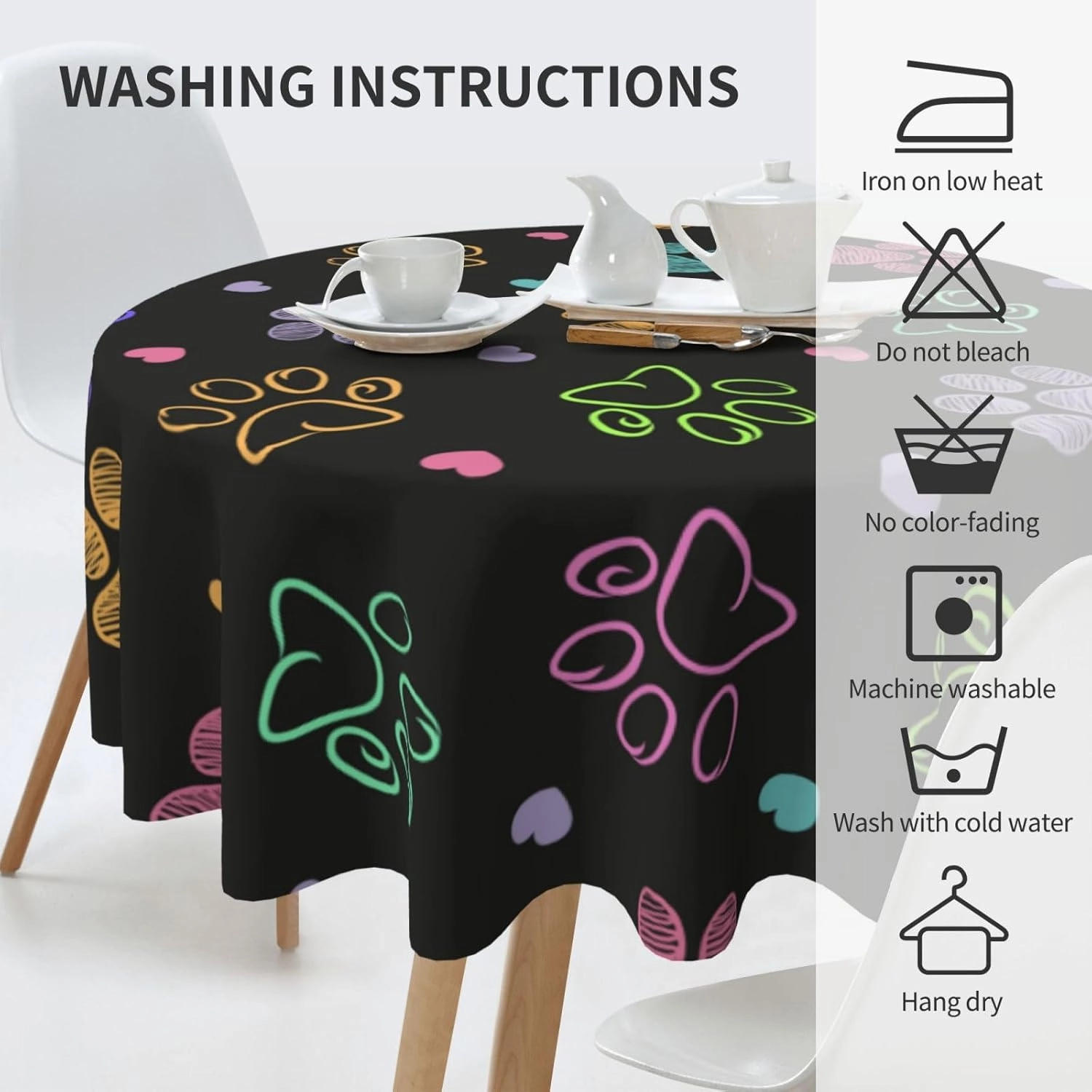 Round Table Cloth Dog Paw, Cat Footprint Dog Paw Prints Colorful Polyester Washable Waterproof Tablecloth Kitchen Table Cover for Dining Picnic Coffee,Round 50 inch