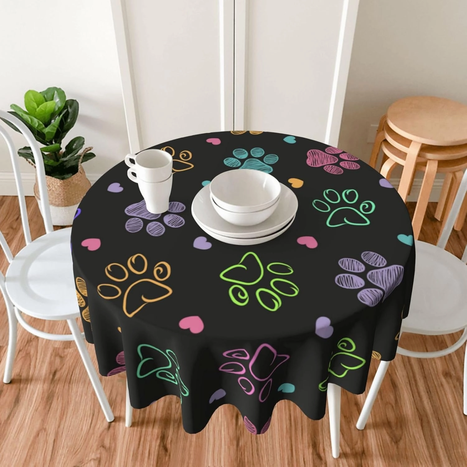 Round Table Cloth Dog Paw, Cat Footprint Dog Paw Prints Colorful Polyester Washable Waterproof Tablecloth Kitchen Table Cover for Dining Picnic Coffee,Round 50 inch