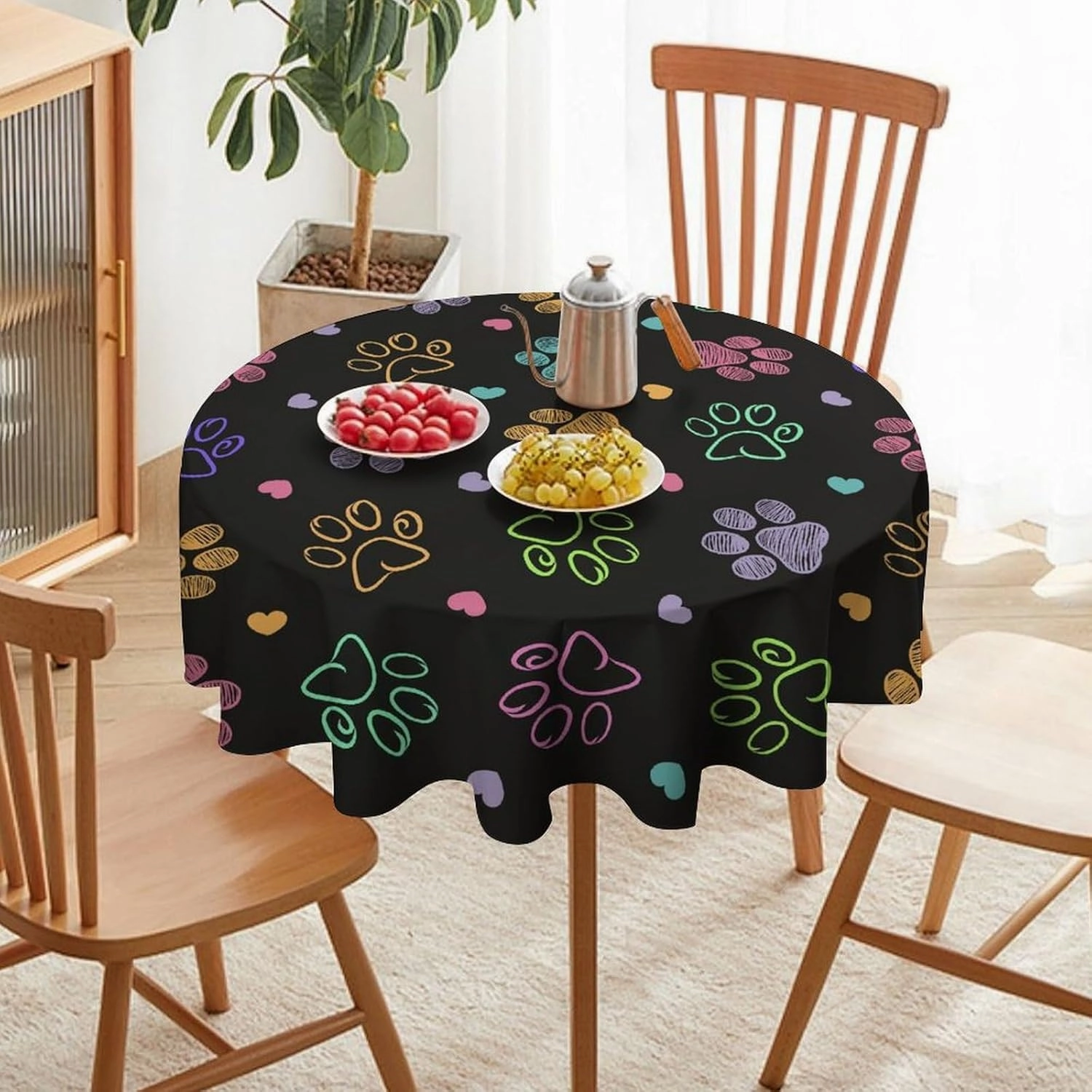 Round Table Cloth Dog Paw, Cat Footprint Dog Paw Prints Colorful Polyester Washable Waterproof Tablecloth Kitchen Table Cover for Dining Picnic Coffee,Round 50 inch