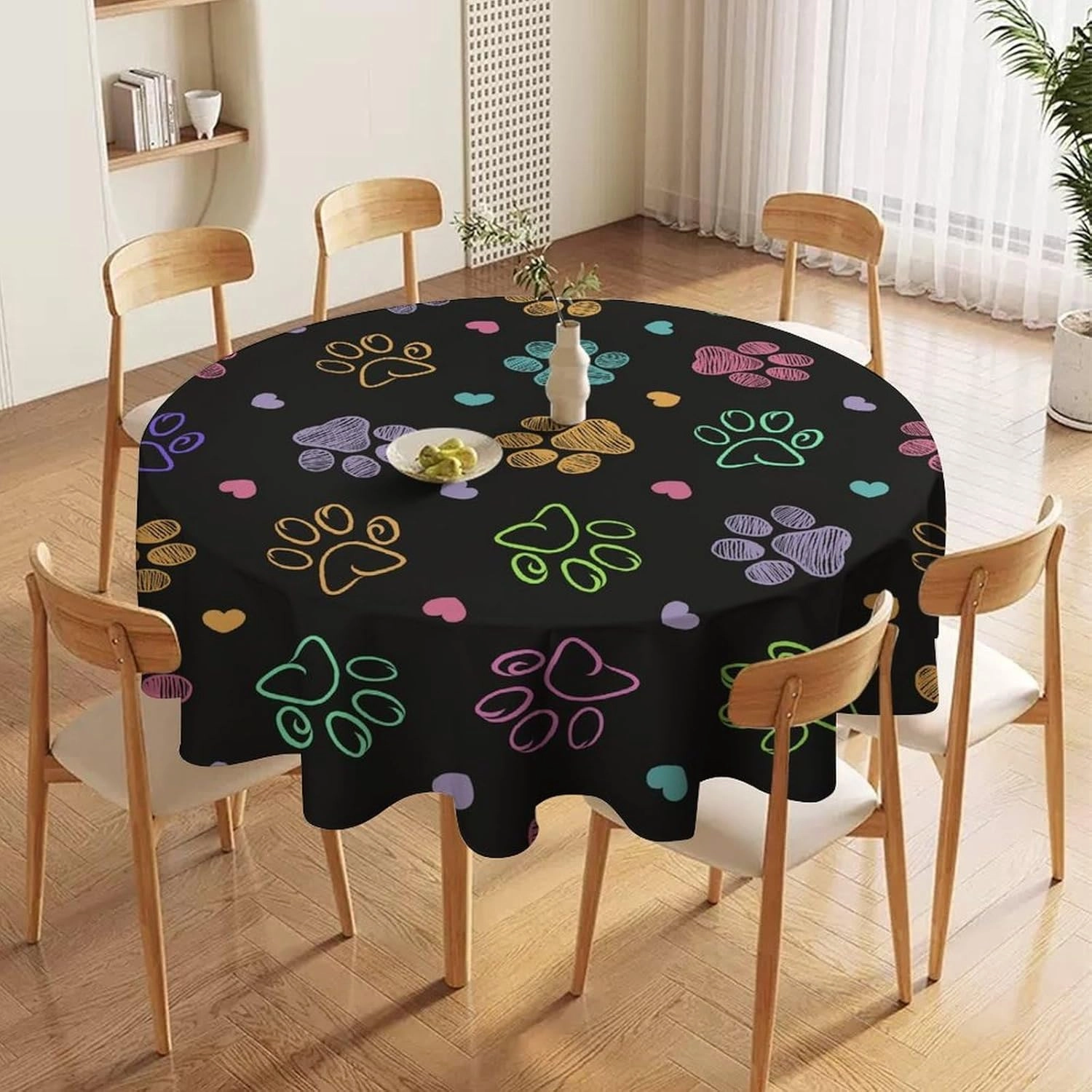 Round Table Cloth Dog Paw, Cat Footprint Dog Paw Prints Colorful Polyester Washable Waterproof Tablecloth Kitchen Table Cover for Dining Picnic Coffee,Round 50 inch