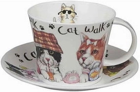 Roy Kirkham Animal Fashion Ceramic Cat Breakfast Cup/Saucer in White (Set of 2)