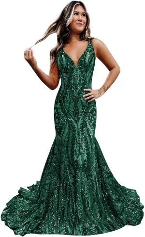 RSOETOO Women's Sequin Prom Dress 2025 Long Bodycon Formal Dresses for Teens V Neck Ball Gowns RO143