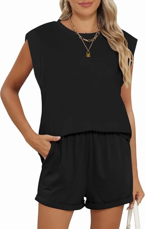 RUBZOOF 2 Piece Outfits for Women Lightweight Matching Lounge Sets Cap Sleeve Top and Elastic Waisted Shorts