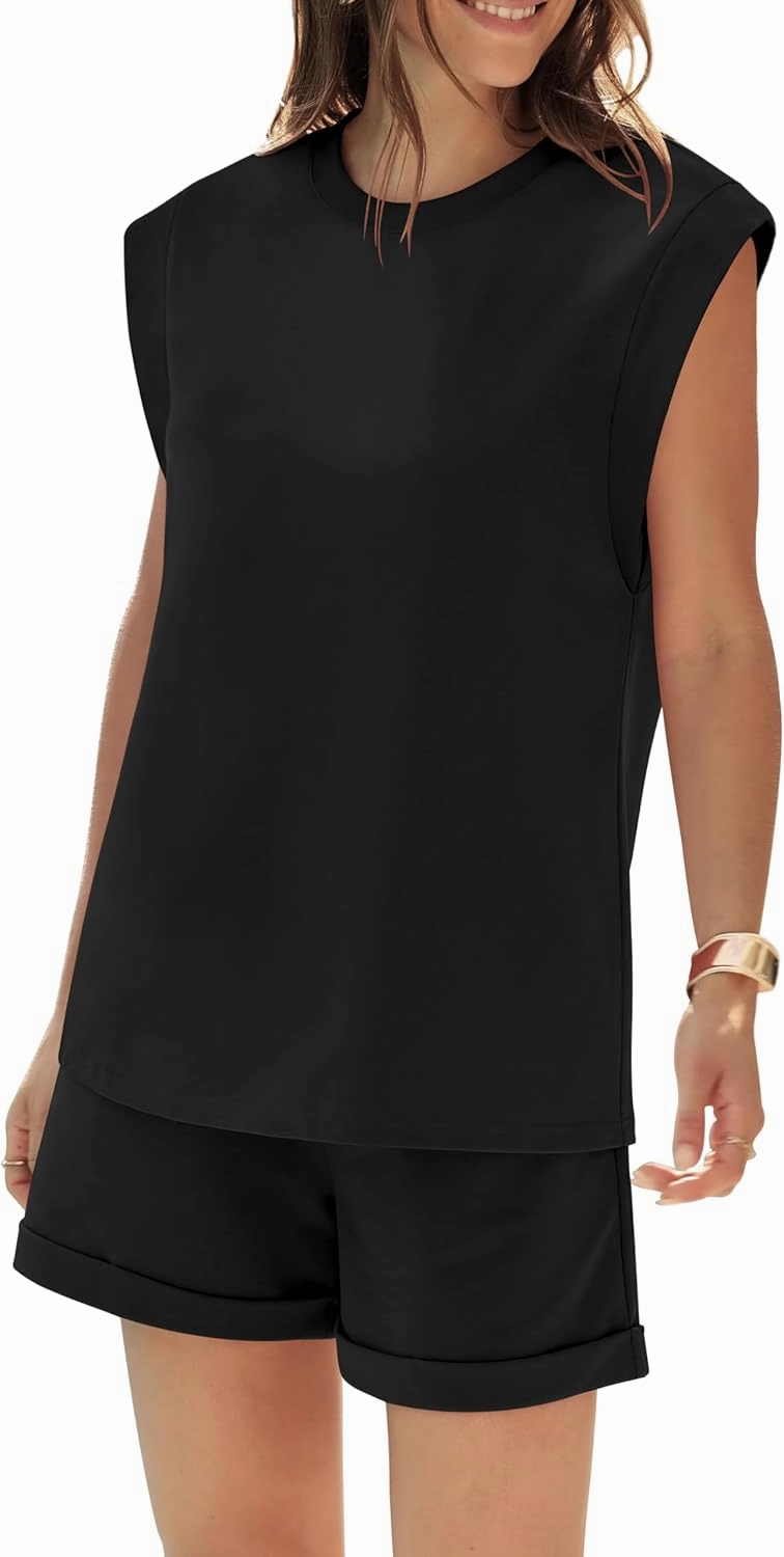 RUBZOOF 2 Piece Outfits for Women Lightweight Matching Lounge Sets Cap Sleeve Top and Elastic Waisted Shorts