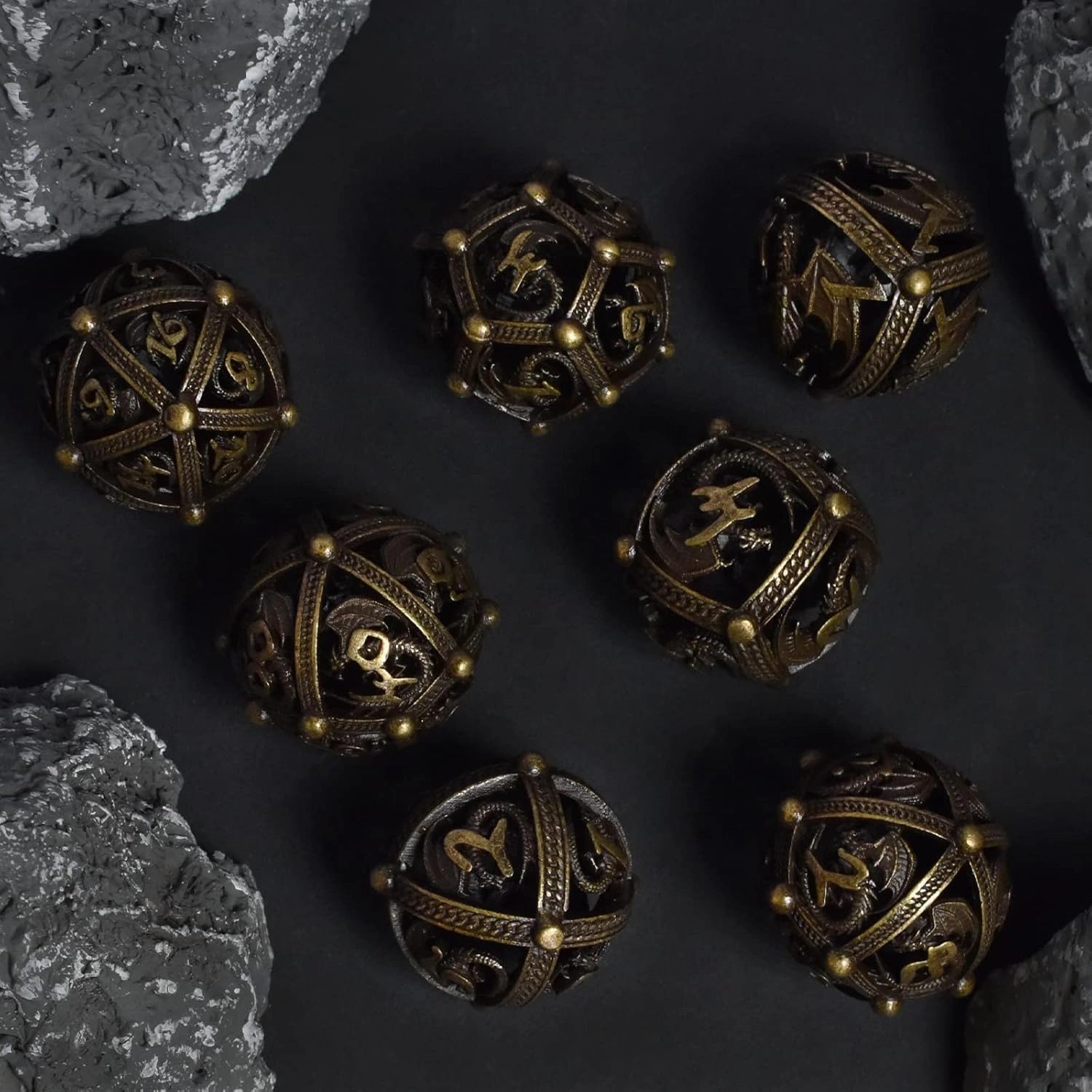 RULE DICE Metal DND D&D Dice Set, 7 Round Hollow Sphere Design for Better Rolling D and D Dice, Beautiful Dragon Shaped Metal DND Dice Set for Role Playing Game D&D Dice MTG Pathfinder - Bronze Dragon