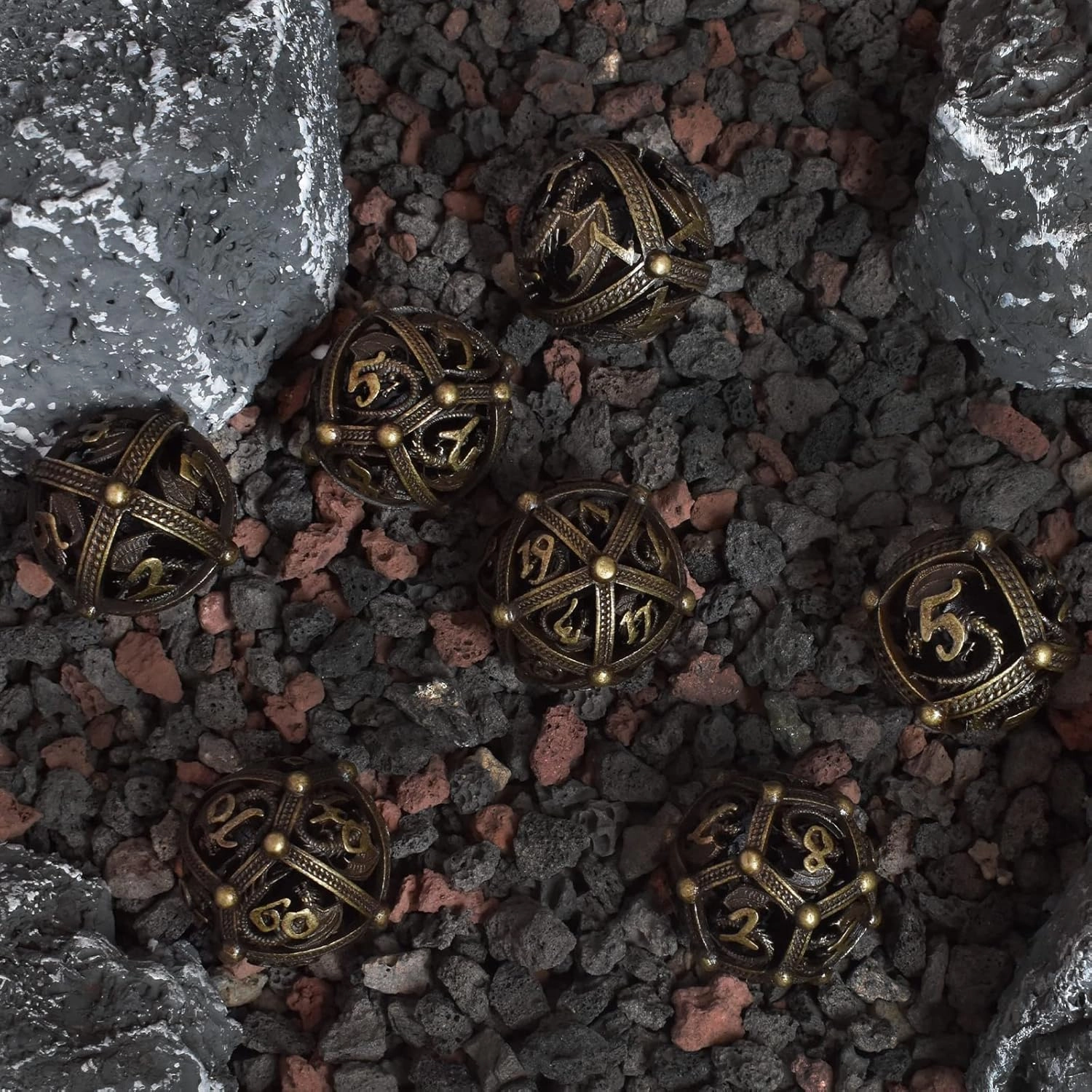 RULE DICE Metal DND D&D Dice Set, 7 Round Hollow Sphere Design for Better Rolling D and D Dice, Beautiful Dragon Shaped Metal DND Dice Set for Role Playing Game D&D Dice MTG Pathfinder - Bronze Dragon