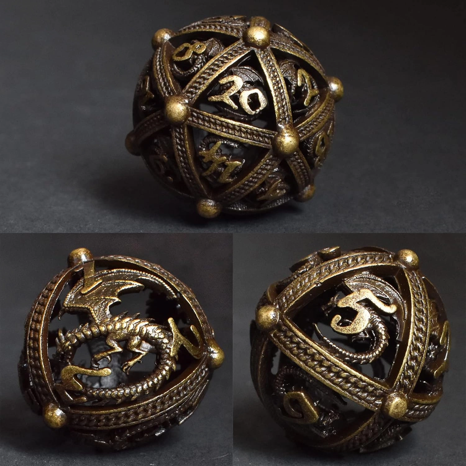 RULE DICE Metal DND D&D Dice Set, 7 Round Hollow Sphere Design for Better Rolling D and D Dice, Beautiful Dragon Shaped Metal DND Dice Set for Role Playing Game D&D Dice MTG Pathfinder - Bronze Dragon
