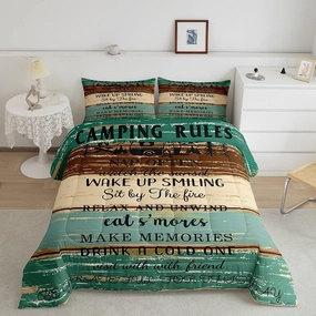 Rustic Farmhouse Comforter Set, Happy Camping Bedding Set Camper Decor Bedding Comforter Sets For Kids Boys Teens Women, Vintage Old Barn Door Duvet Insert Camping Gift For Women Decor, Queen Size