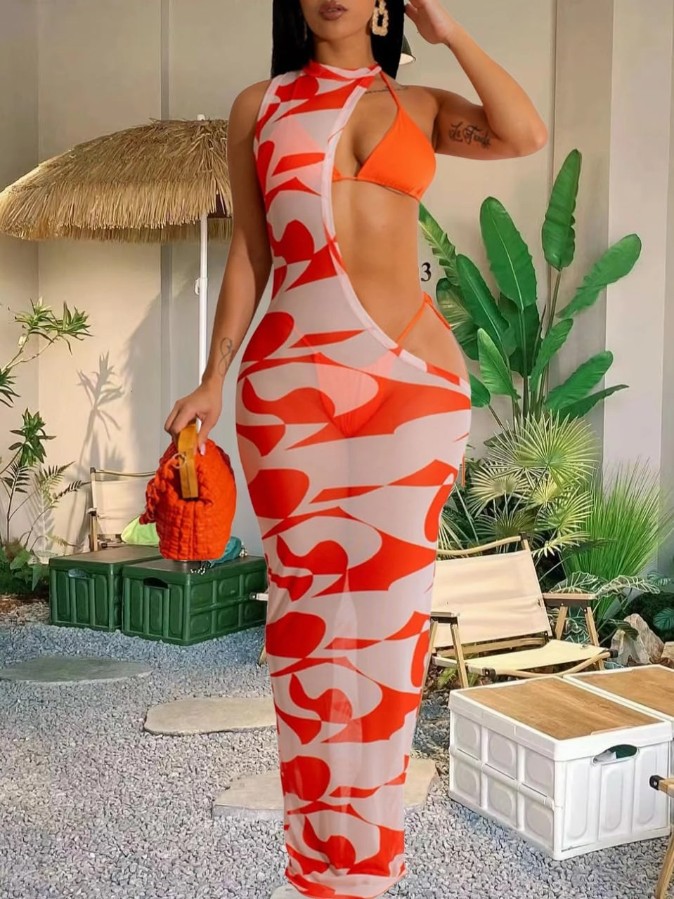 Ryehack Sexy 3 Piece Swimsuits for Women Bikini Sets and Cover Up Cutout Sleeveless Halter Sheer Mesh Maxi Dress