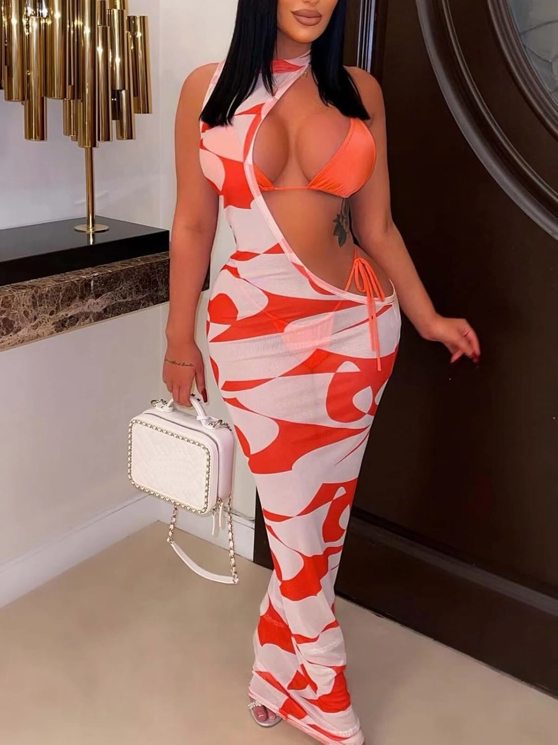 Ryehack Sexy 3 Piece Swimsuits for Women Bikini Sets and Cover Up Cutout Sleeveless Halter Sheer Mesh Maxi Dress