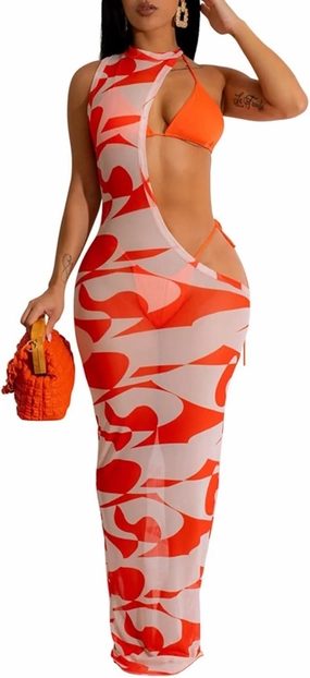 Ryehack Sexy 3 Piece Swimsuits for Women Bikini Sets and Cover Up Cutout Sleeveless Halter Sheer Mesh Maxi Dress