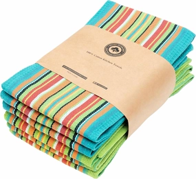Salsa Stripe Kitchen Towels - 100% Cotton, 6 Pack, 28"x16", Reusable, Washable, Fiesta Waffle Dish Towels - Colorful Festive Tea Towels - Absorbent, Lint-Free Multicolor Stripe Towels (Green & Teal)