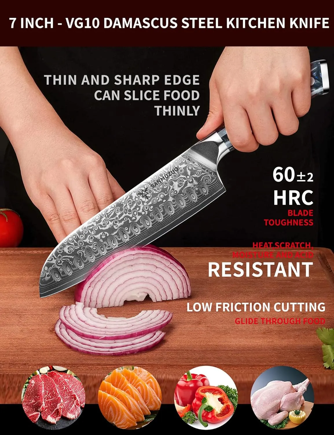 Santoku Knife - 7 inch - Xuan Series - VG10 Damascus Steel Kitchen Knife - Resin Handle (Starry Black)
