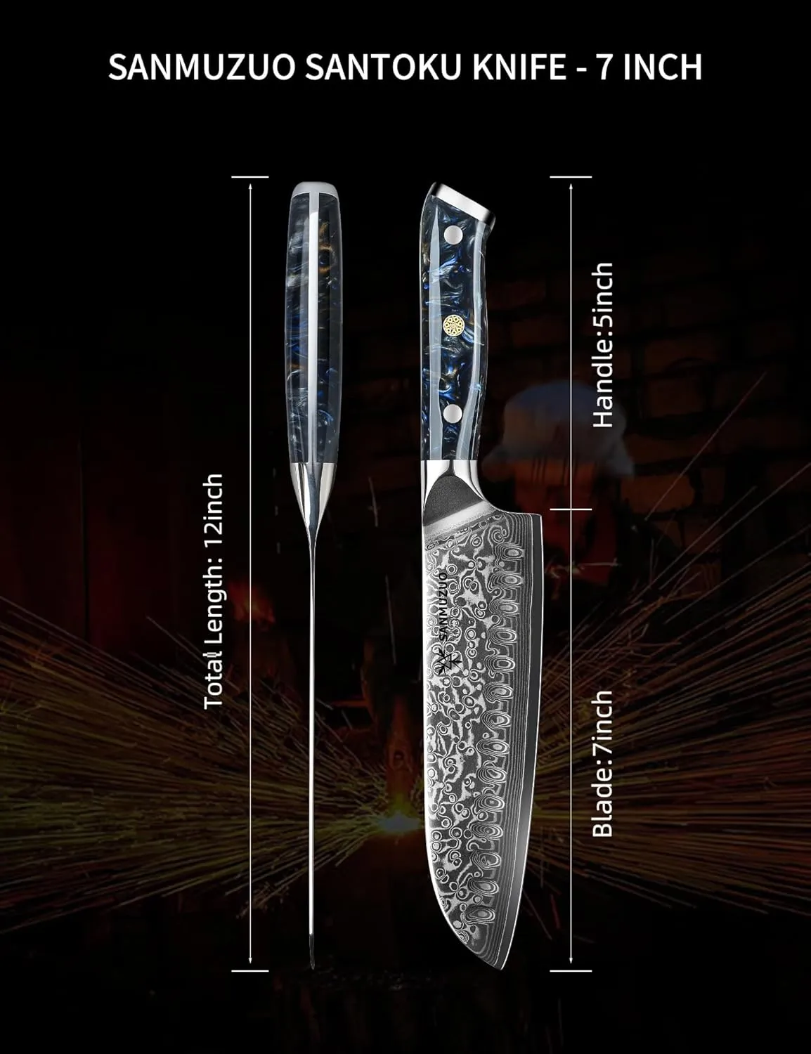 Santoku Knife - 7 inch - Xuan Series - VG10 Damascus Steel Kitchen Knife - Resin Handle (Starry Black)
