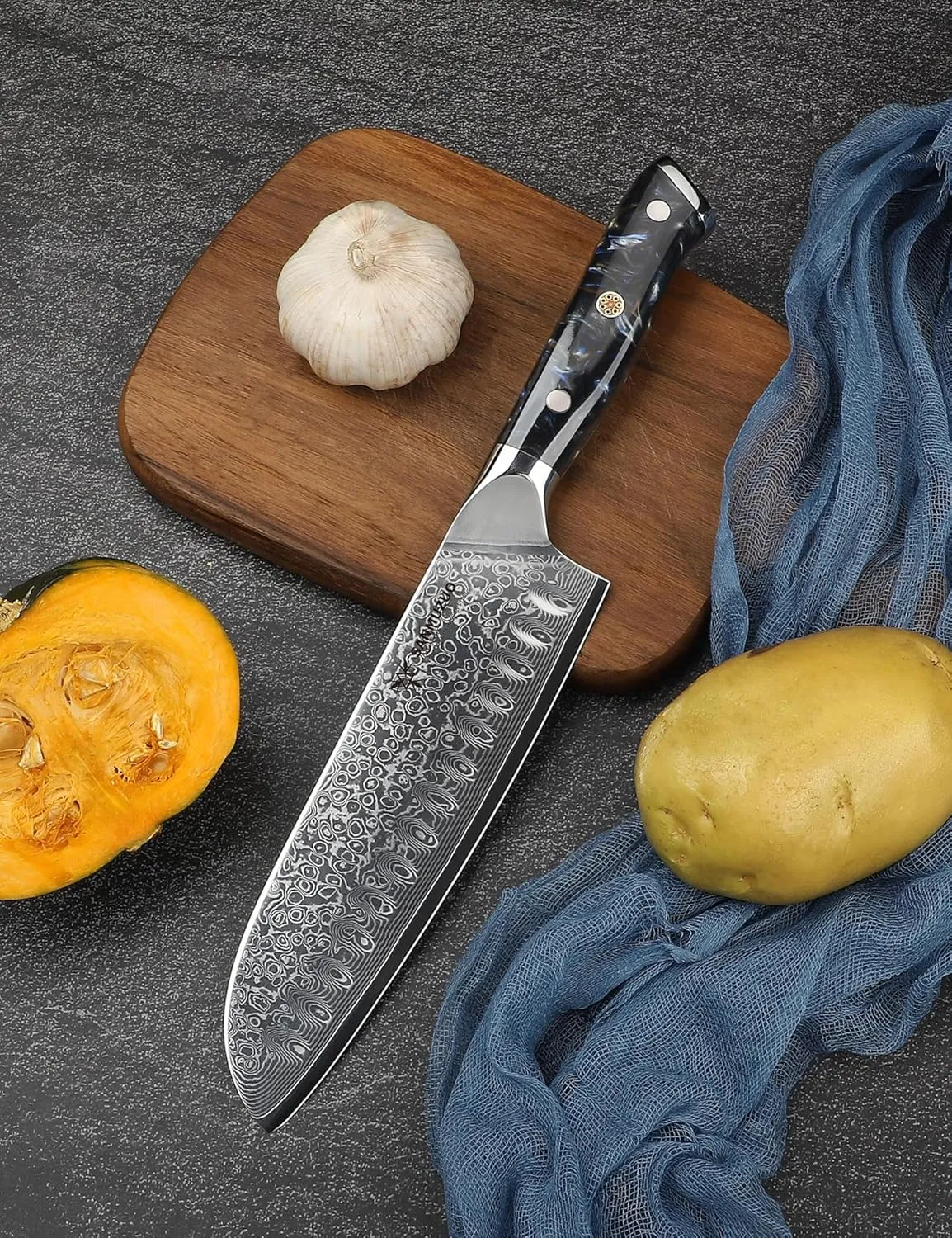 Santoku Knife - 7 inch - Xuan Series - VG10 Damascus Steel Kitchen Knife - Resin Handle (Starry Black)