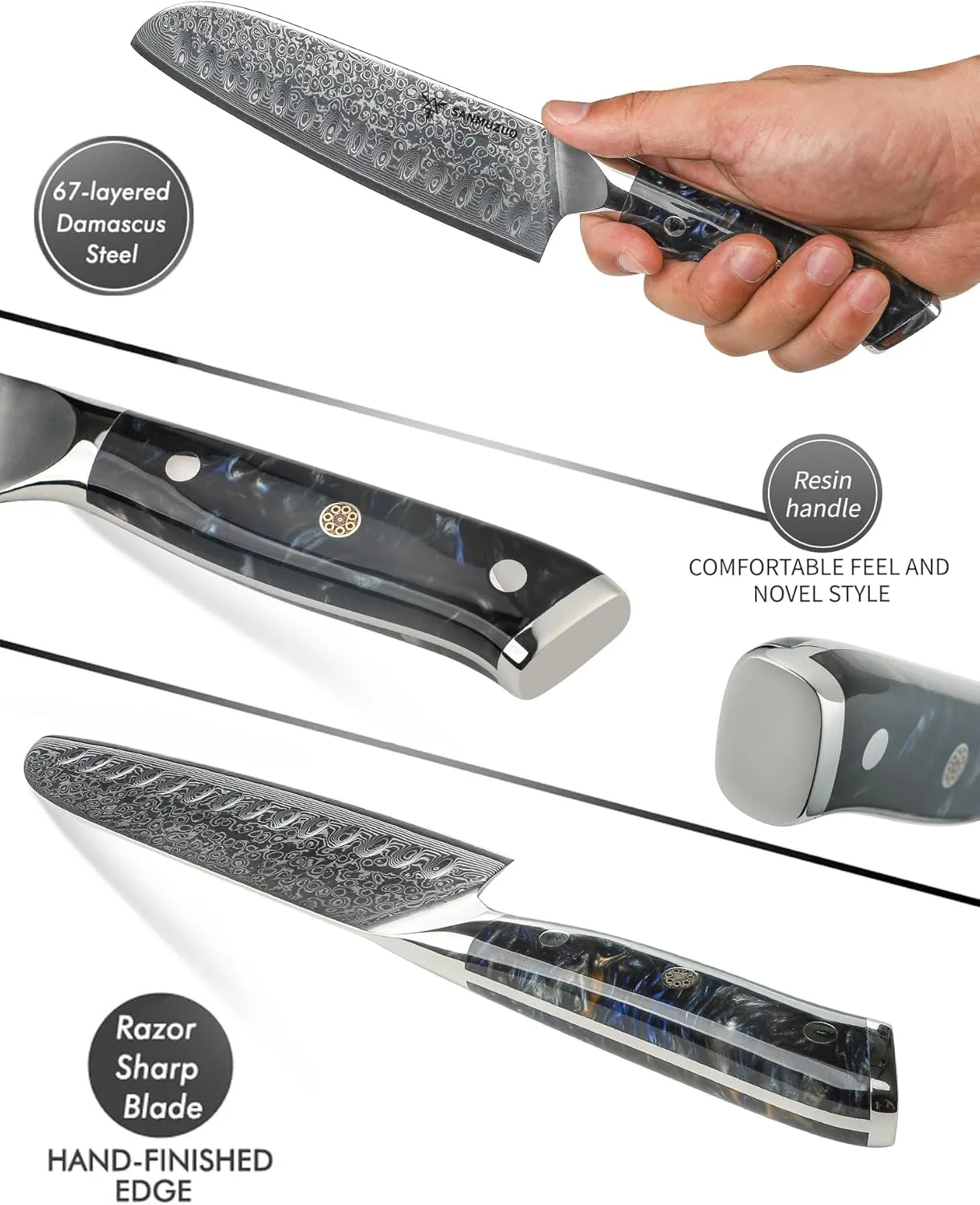 Santoku Knife - 7 inch - Xuan Series - VG10 Damascus Steel Kitchen Knife - Resin Handle (Starry Black)