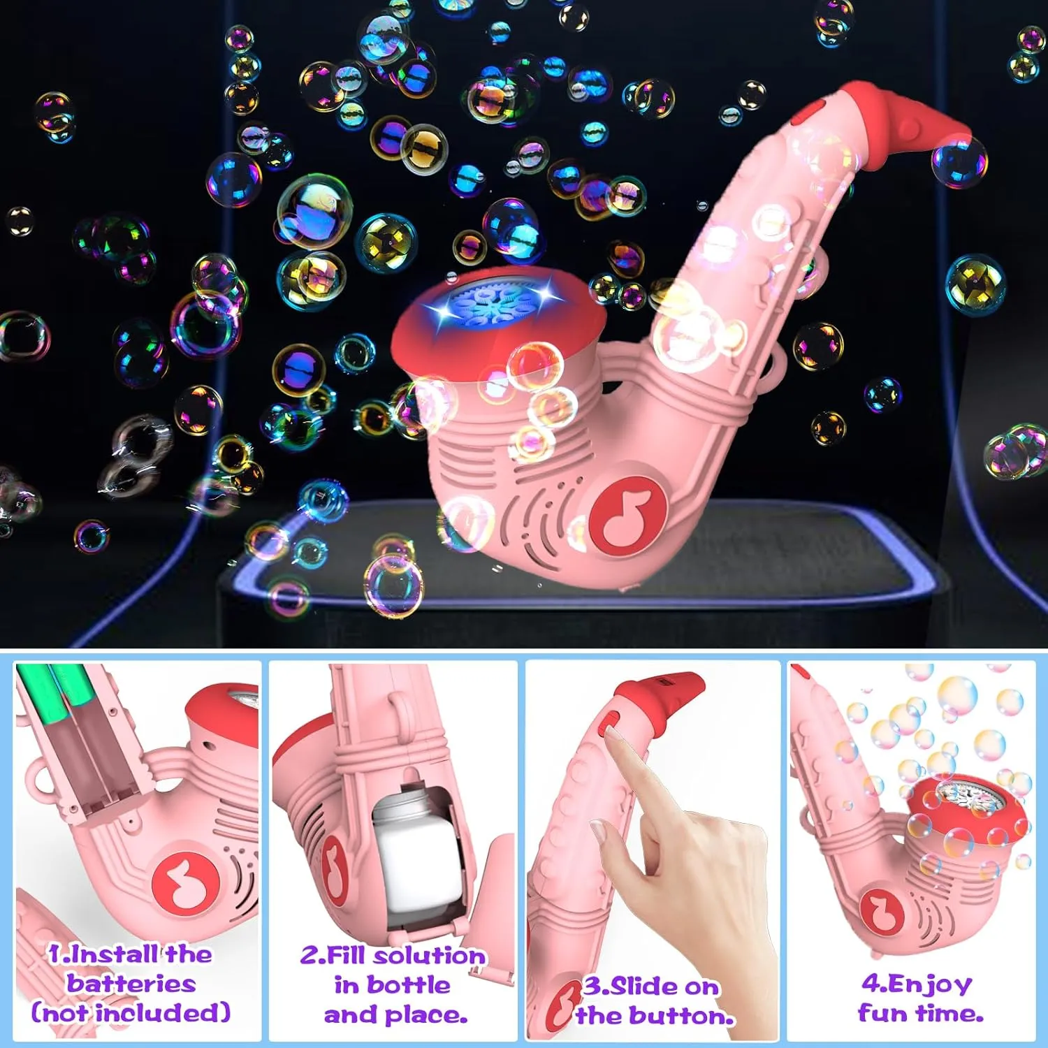 Saxophone Bubble Machine, Automatic Bubble Blower for Kids 10000 Bubbles Per Minute with Detachable Lanyard/2 Bubble Solution, Portable Outdoor Bubble Maker Bubble Toy for Wedding Party