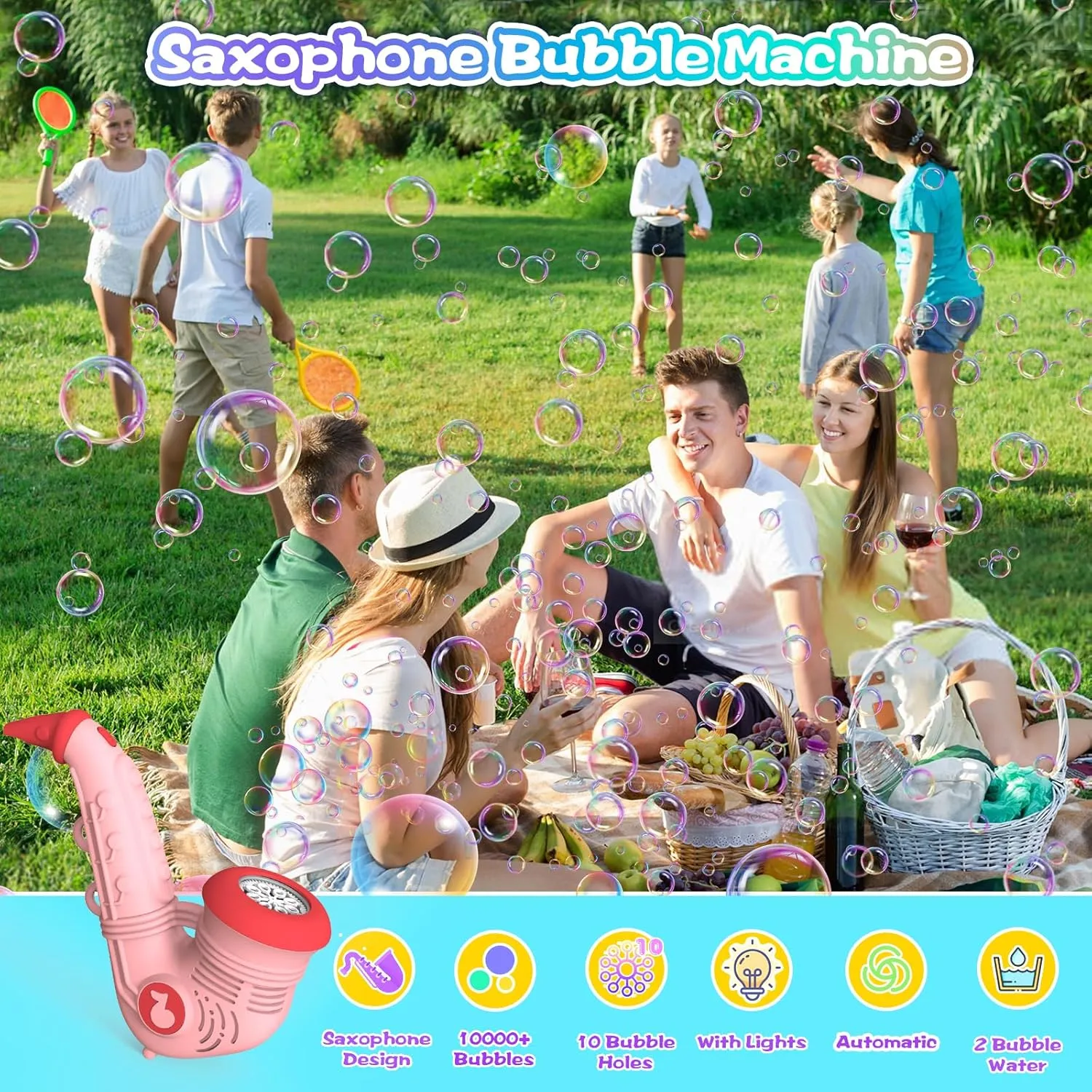 Saxophone Bubble Machine, Automatic Bubble Blower for Kids 10000 Bubbles Per Minute with Detachable Lanyard/2 Bubble Solution, Portable Outdoor Bubble Maker Bubble Toy for Wedding Party