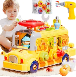 School Bus Toys, Take Apart Toy with Electric Drill，Boy's Disassembled car, Stem, Early Childhood Sensory Education Learning Suitable for 3, 4, 5, 6, 7 Years Old boy Gifts