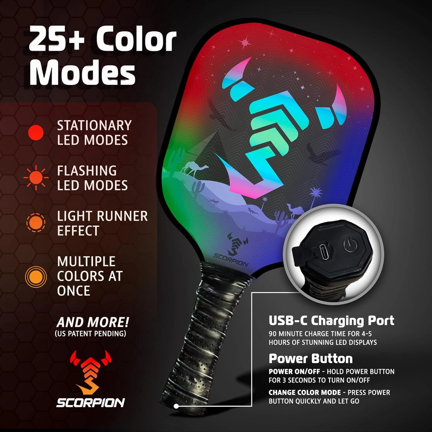 SCORPION LED Pickleball Paddles Set of 2 or 1 – Lightweight Rackets with LED Edge Lighting | Carbon Fiber/Fiberglass/Wood Face | Durable Paddles for Women, Men, and Kids | Includes Bonus Accessories