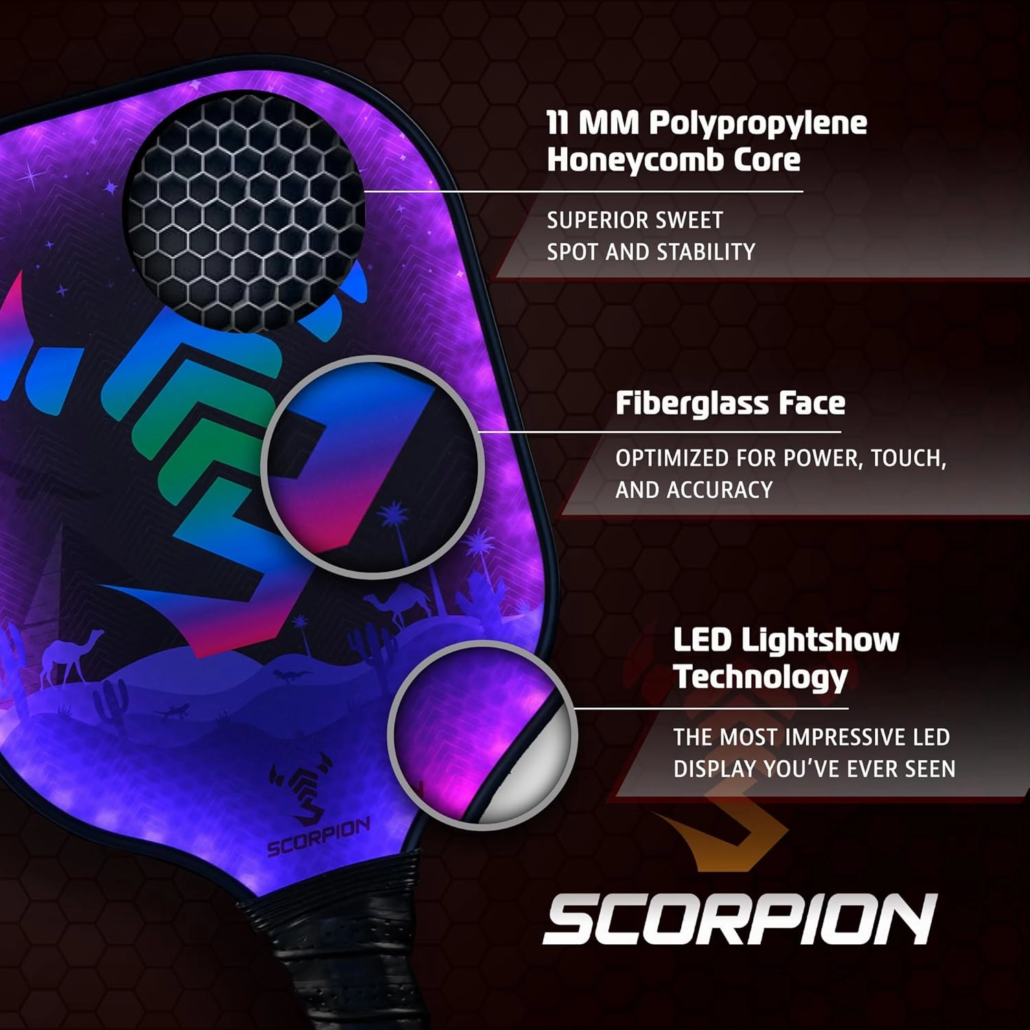 SCORPION LED Pickleball Paddles Set of 2 or 1 – Lightweight Rackets with LED Edge Lighting | Carbon Fiber/Fiberglass/Wood Face | Durable Paddles for Women, Men, and Kids | Includes Bonus Accessories