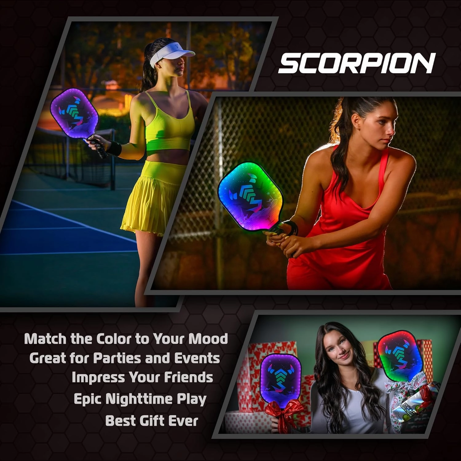 SCORPION LED Pickleball Paddles Set of 2 or 1 – Lightweight Rackets with LED Edge Lighting | Carbon Fiber/Fiberglass/Wood Face | Durable Paddles for Women, Men, and Kids | Includes Bonus Accessories