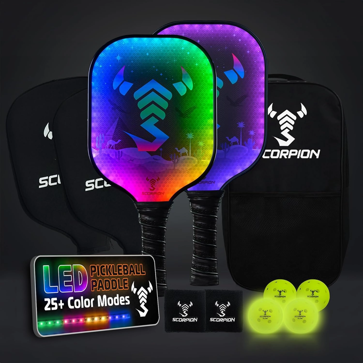 SCORPION LED Pickleball Paddles Set of 2 or 1 – Lightweight Rackets with LED Edge Lighting | Carbon Fiber/Fiberglass/Wood Face | Durable Paddles for Women, Men, and Kids | Includes Bonus Accessories