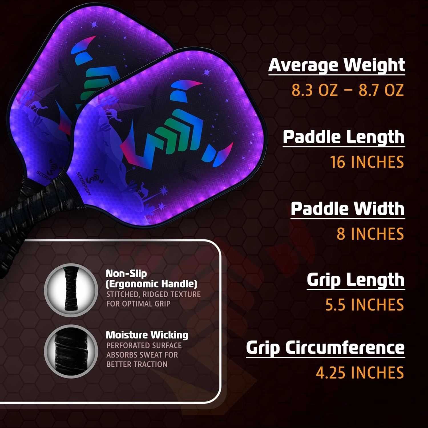 SCORPION LED Pickleball Paddles Set of 2 or 1 – Lightweight Rackets with LED Edge Lighting | Carbon Fiber/Fiberglass/Wood Face | Durable Paddles for Women, Men, and Kids | Includes Bonus Accessories