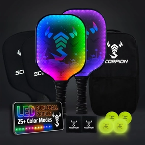 SCORPION LED Pickleball Paddles Set of 2 or 1 – Lightweight Rackets with LED Edge Lighting | Carbon Fiber/Fiberglass/Wood Face | Durable Paddles for Women, Men, and Kids | Includes Bonus Accessories