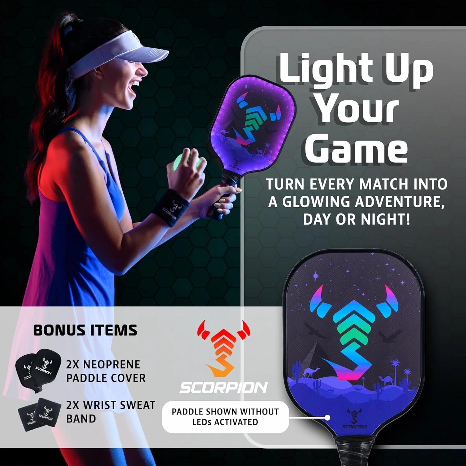 SCORPION LED Pickleball Paddles Set of 2 or 1 – Lightweight Rackets with LED Edge Lighting | Carbon Fiber/Fiberglass/Wood Face | Durable Paddles for Women, Men, and Kids | Includes Bonus Accessories
