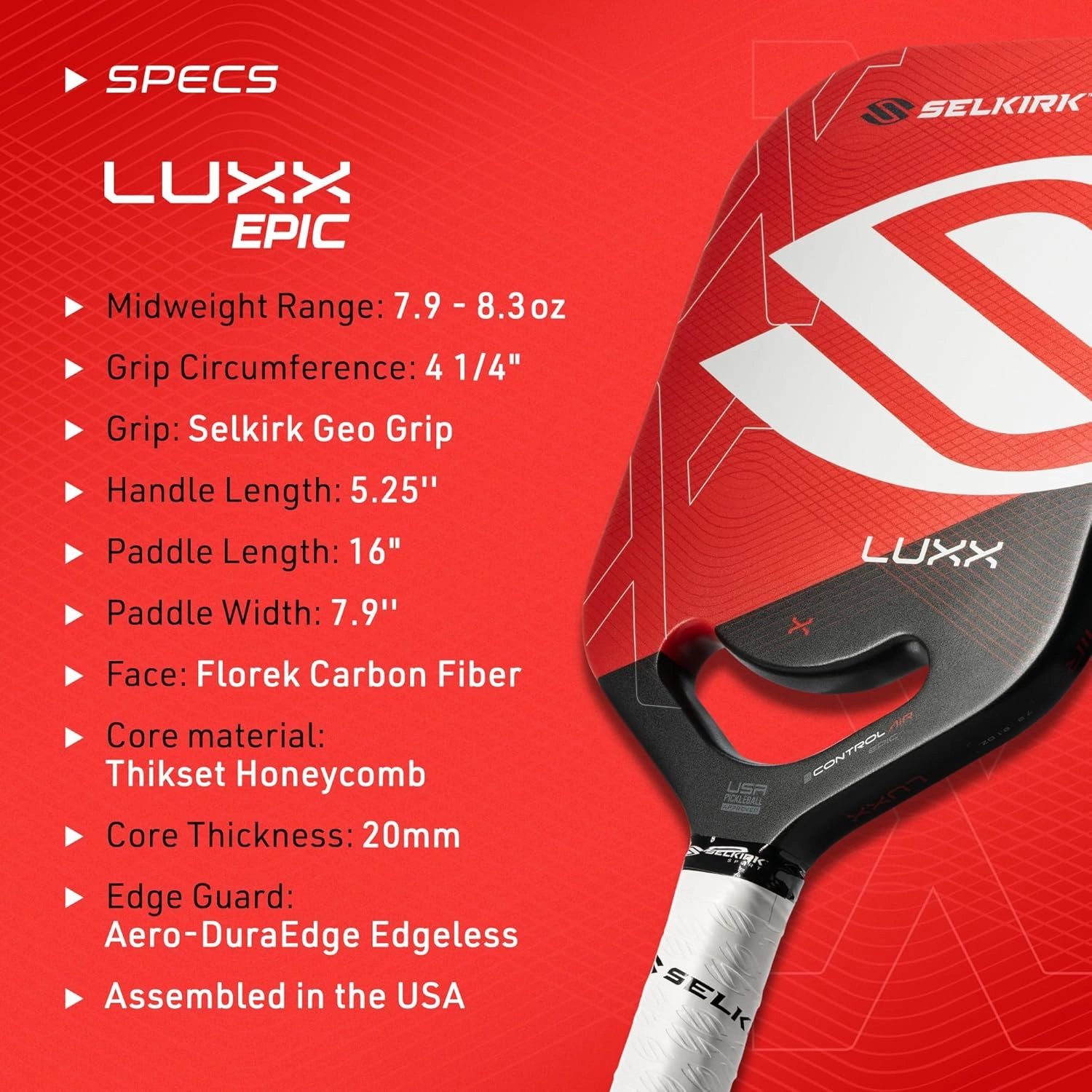 Selkirk LUXX Control Pickleball Paddle | Carbon Fiber Paddle with Polypropylene X7 Core | Designed for Unmatched Control and Added Power