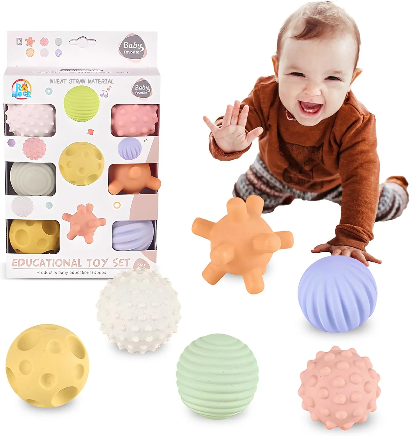 Sensory Balls for Babies,Ball for Toddlers 1-3, Soft & Textured Montessori Baby Toys 6 to 12 Months,Wheat Straw Soft Montessori Toys for Babies