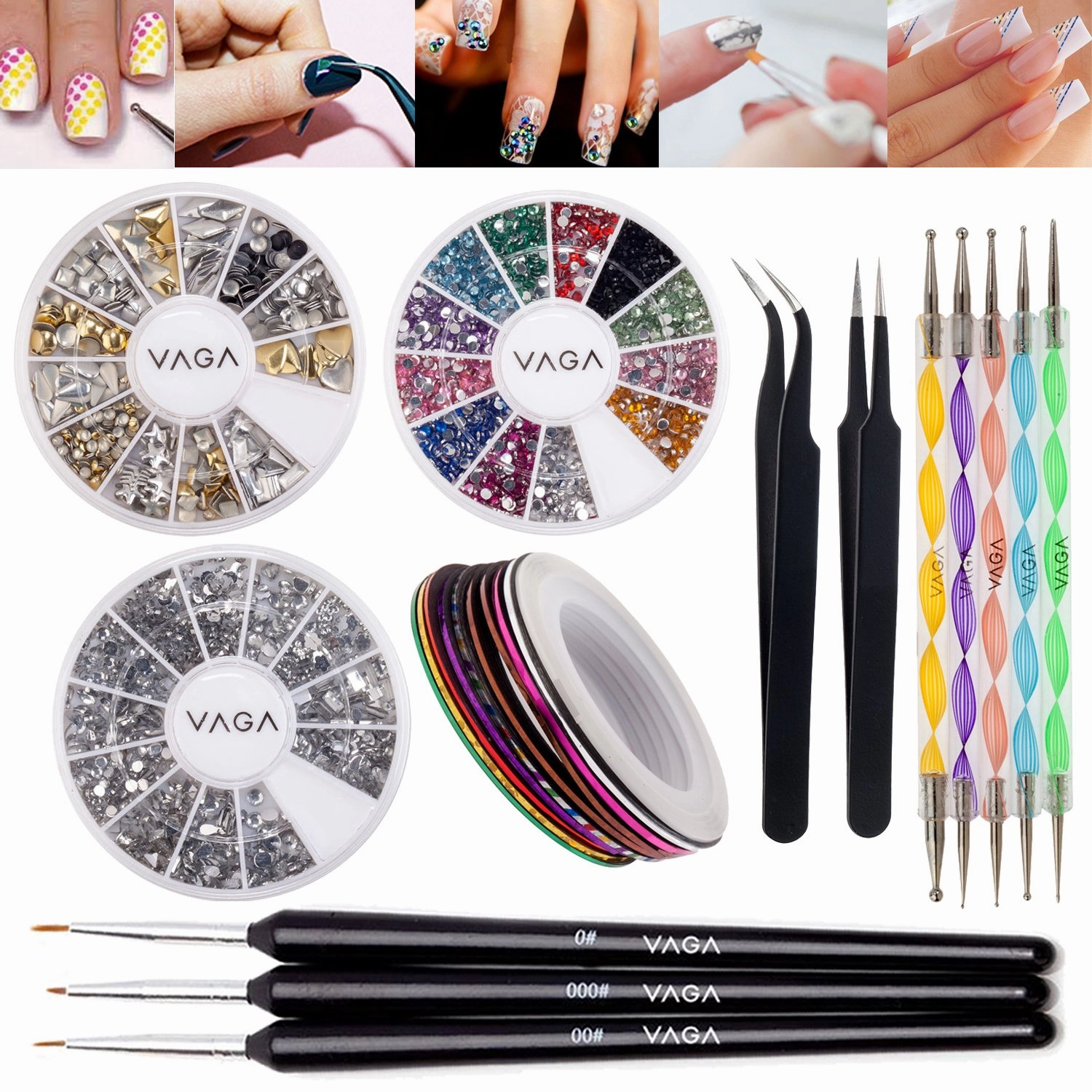 Set of Nail Art Accessories With 3D Silver And Golden Metal Studs In 12 Shapes, Silver And Colorful Crystals, 5 Dotters, Striping Tapes, Anti Static Tweezers Straight & Curved And Brushes By VAGA