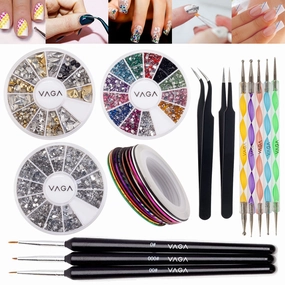 Set of Nail Art Accessories With 3D Silver And Golden Metal Studs In 12 Shapes, Silver And Colorful Crystals, 5 Dotters, Striping Tapes, Anti Static Tweezers Straight & Curved And Brushes By VAGA