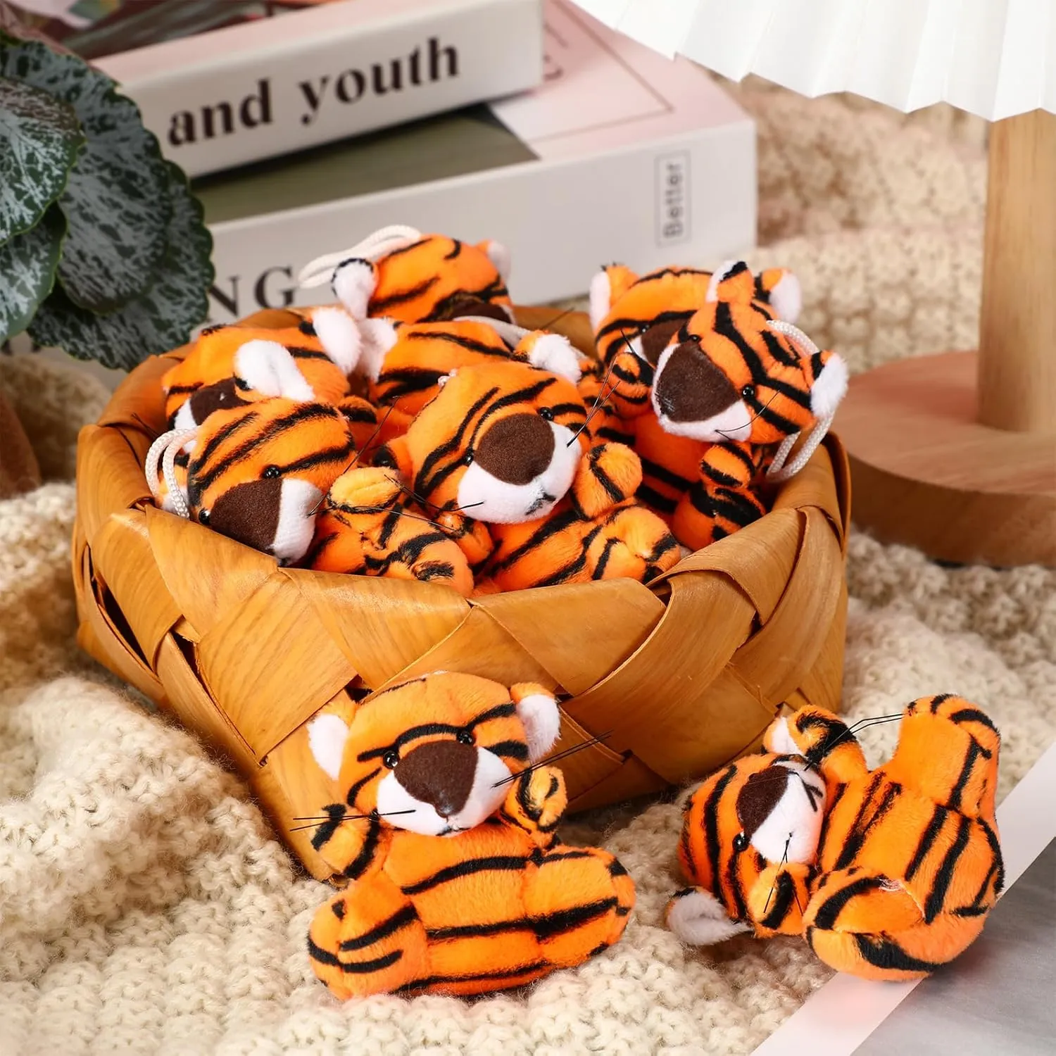 Shappy 50 Pcs Mini Animal Plush Toys Small Stuffed Animals Bulk Cute Tiny Plushies Keychains for Gift Party Carnival Prize(Tiger)