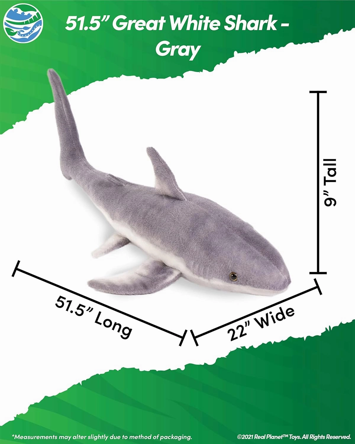 Shark Plush Toy - Realistic Stuffed Animal Gift for Kids All Ages, Sea Creature Shark Plushie, Christmas Birthday Gifts (Gray GW Shark, 51.5") (33.5" Long)