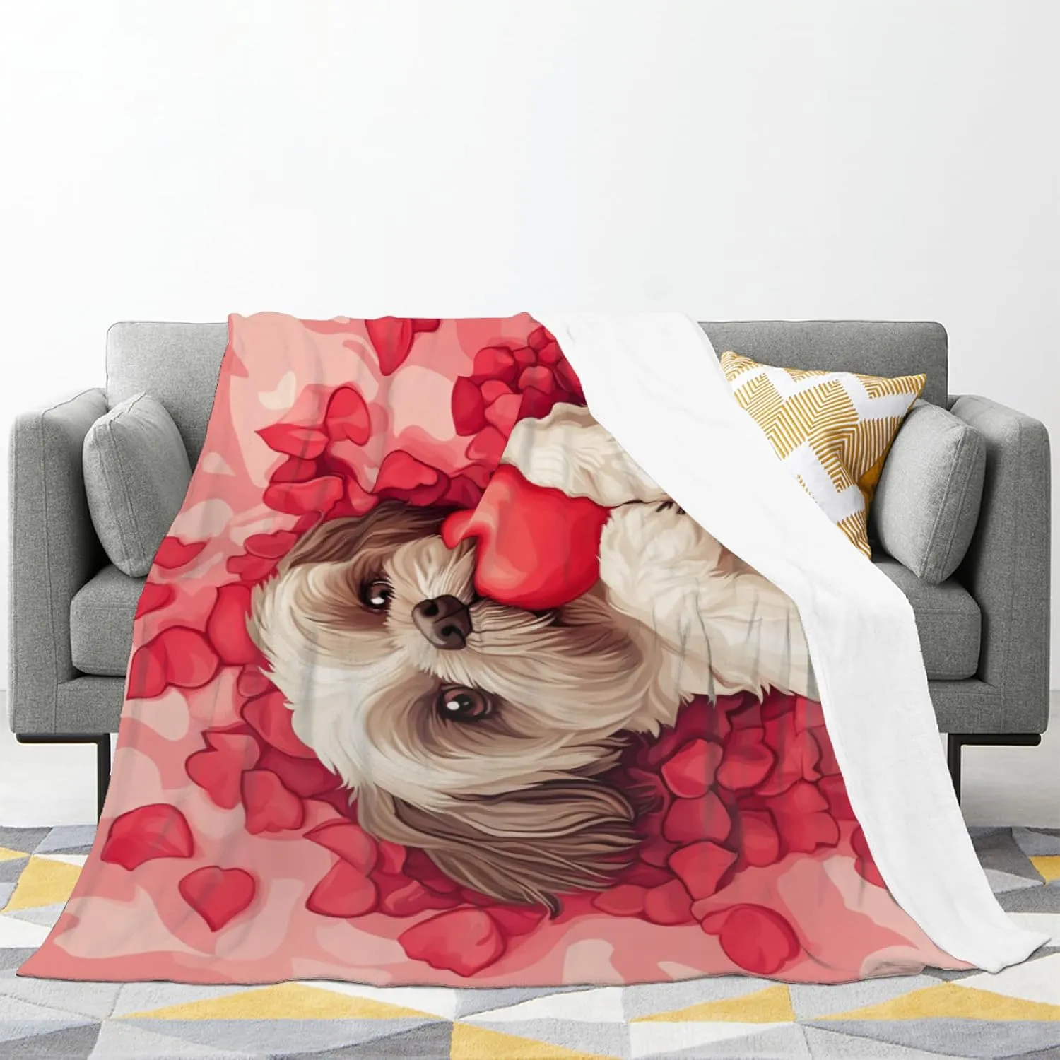 Shih Tzu Red Rose Throw Blanket, Red Heart Blanket, Cozy Plush Flannel Blanket for Couch Sofa Bedroom Decor and Travel, Valentine Women Girls Wife 50x60 Inch