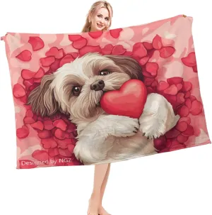 Shih Tzu Red Rose Throw Blanket, Red Heart Blanket, Cozy Plush Flannel Blanket for Couch Sofa Bedroom Decor and Travel, Valentine Women Girls Wife 50x60 Inch